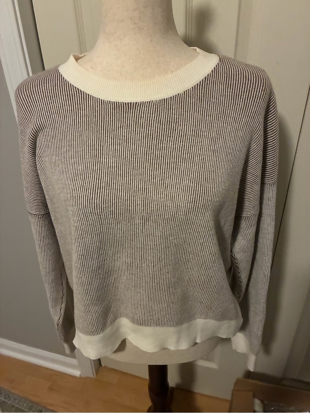 Dreamers Two-Tone Ribbed Crewneck Sweater in Cream and Taupe